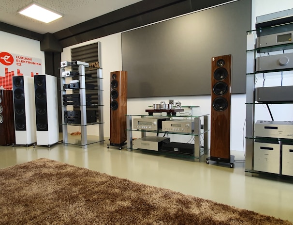 A spacious audio equipment showroom featuring a variety of high-end sound systems. Several tall speakers are aligned against the walls, displaying sleek wooden and metallic finishes. Electronics such as amplifiers and receivers are arranged on modern glass shelves, and a large, plush brown rug covers the floor. A sign on the left side suggests a focus on luxury electronics.